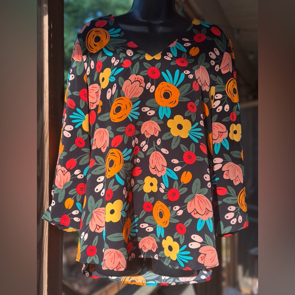 Black Floral  Blouse with Multicolor Blooms